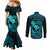 Hawaii Couples Matching Mermaid Dress and Long Sleeve Button Shirts Fish Hook Tattoo Mix Polynesian Plumeria Turquoise Version LT14 - Polynesian Pride