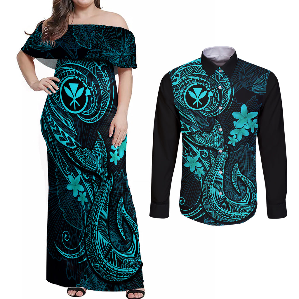Hawaii Couples Matching Off Shoulder Maxi Dress and Long Sleeve Button Shirts Fish Hook Tattoo Mix Polynesian Plumeria Turquoise Version LT14 Turquoise - Polynesian Pride