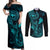 Hawaii Couples Matching Off Shoulder Maxi Dress and Long Sleeve Button Shirts Fish Hook Tattoo Mix Polynesian Plumeria Turquoise Version LT14 Turquoise - Polynesian Pride