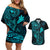 Hawaii Couples Matching Off Shoulder Short Dress and Hawaiian Shirt Fish Hook Tattoo Mix Polynesian Plumeria Turquoise Version LT14 Turquoise - Polynesian Pride