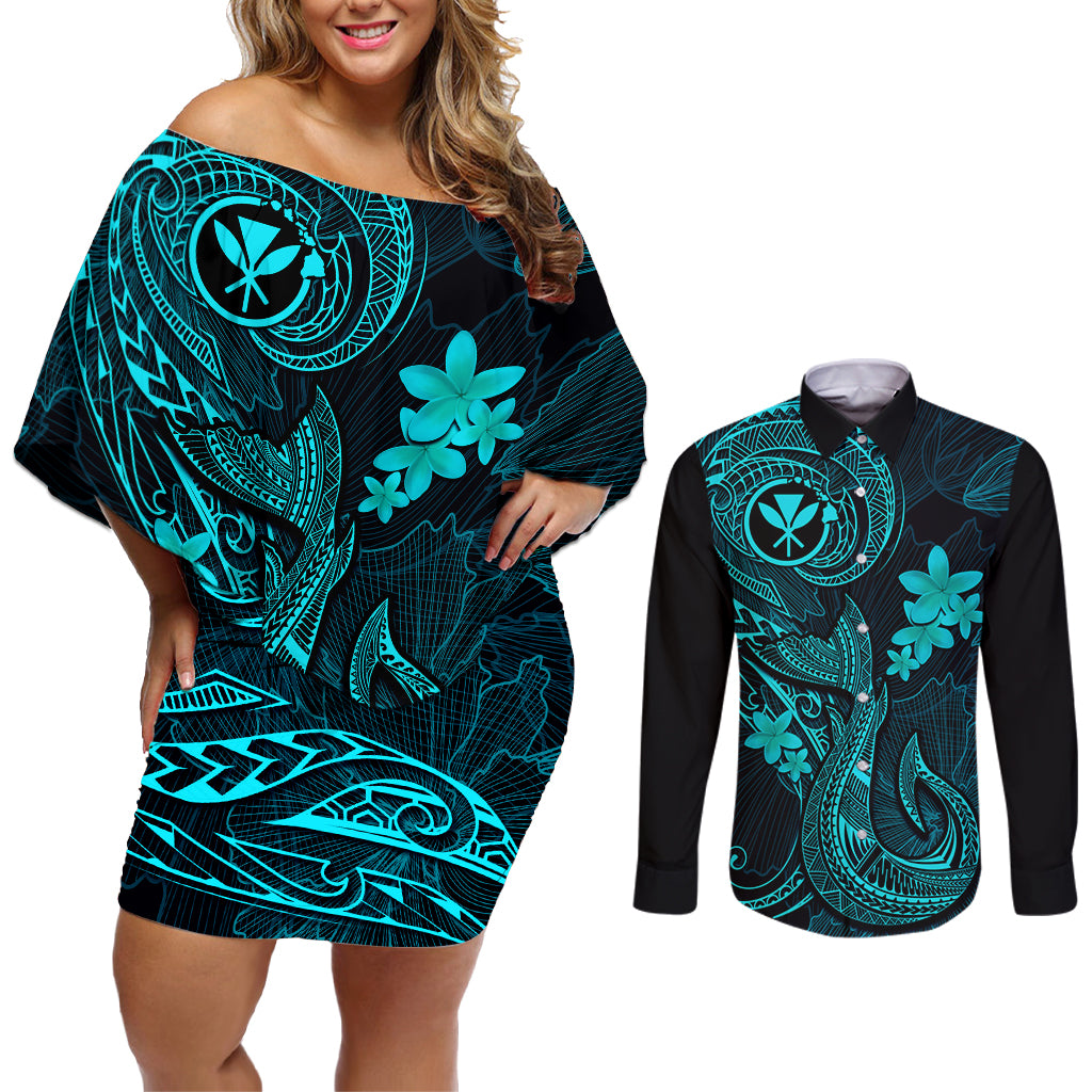 Hawaii Couples Matching Off Shoulder Short Dress and Long Sleeve Button Shirts Fish Hook Tattoo Mix Polynesian Plumeria Turquoise Version LT14 Turquoise - Polynesian Pride