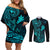 Hawaii Couples Matching Off Shoulder Short Dress and Long Sleeve Button Shirts Fish Hook Tattoo Mix Polynesian Plumeria Turquoise Version LT14 Turquoise - Polynesian Pride