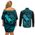 Hawaii Couples Matching Off Shoulder Short Dress and Long Sleeve Button Shirts Fish Hook Tattoo Mix Polynesian Plumeria Turquoise Version LT14 - Polynesian Pride