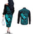 Hawaii Couples Matching Off The Shoulder Long Sleeve Dress and Long Sleeve Button Shirts Fish Hook Tattoo Mix Polynesian Plumeria Turquoise Version LT14 - Polynesian Pride