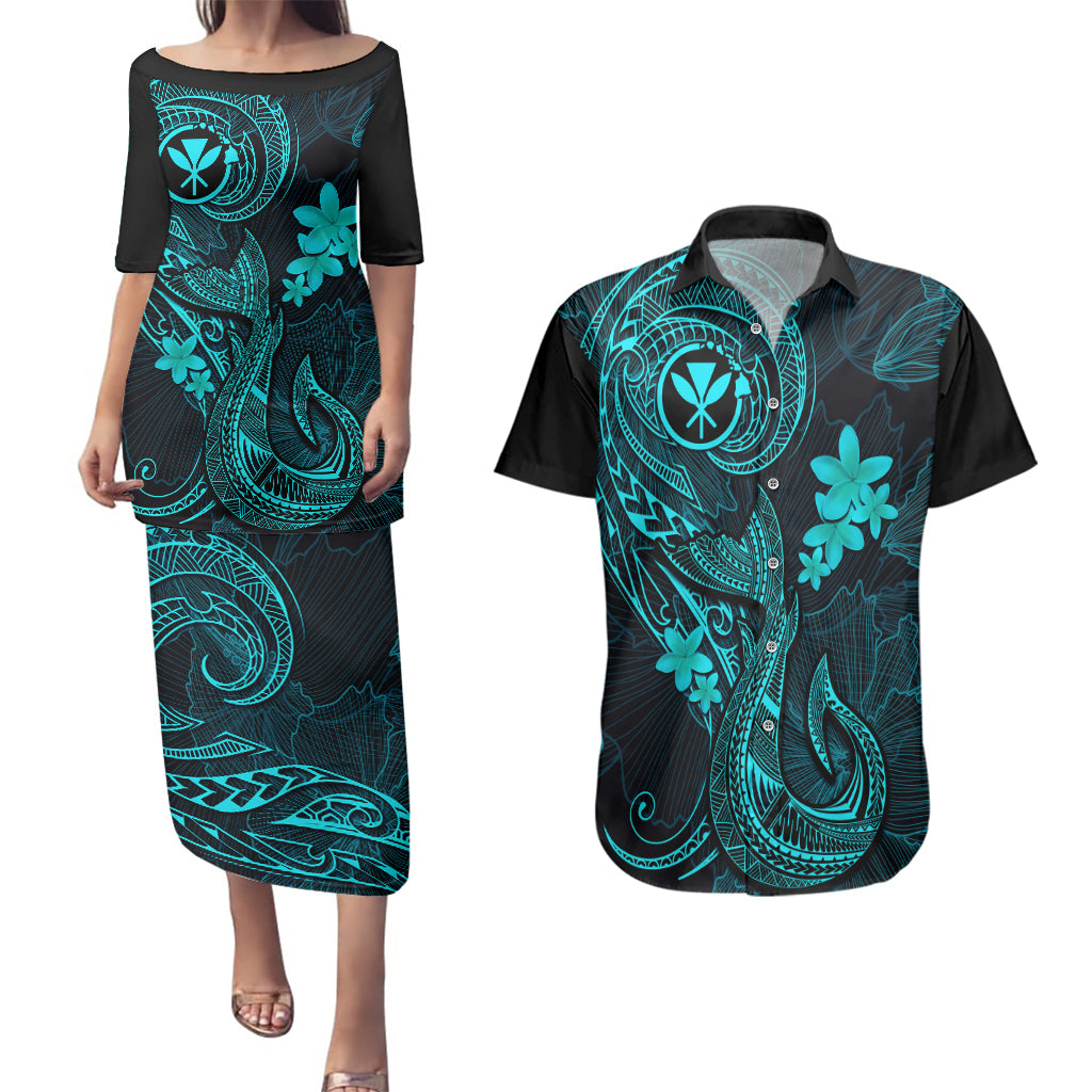 Hawaii Couples Matching Puletasi Dress and Hawaiian Shirt Fish Hook Tattoo Mix Polynesian Plumeria Turquoise Version LT14 Turquoise - Polynesian Pride