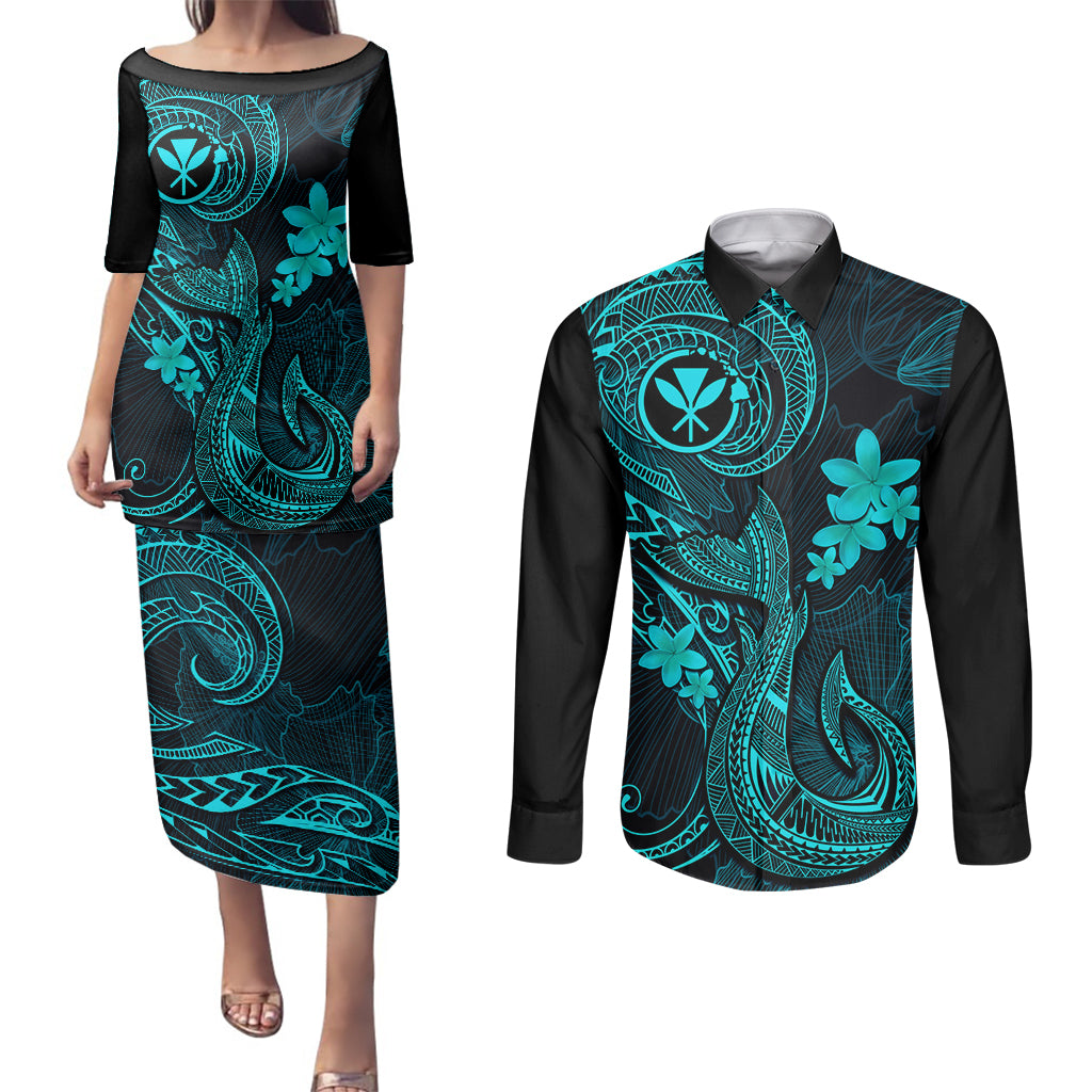 Hawaii Couples Matching Puletasi Dress and Long Sleeve Button Shirts Fish Hook Tattoo Mix Polynesian Plumeria Turquoise Version LT14 Turquoise - Polynesian Pride