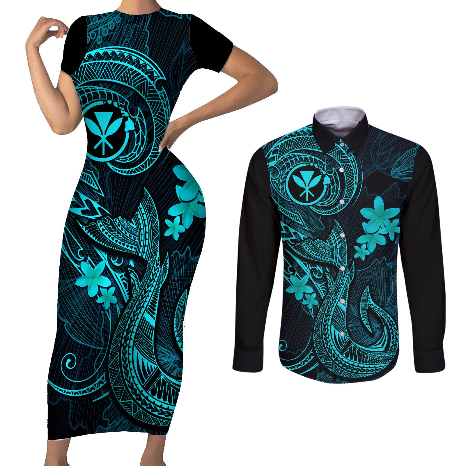 Hawaii Couples Matching Short Sleeve Bodycon Dress and Long Sleeve Button Shirts Fish Hook Tattoo Mix Polynesian Plumeria Turquoise Version LT14 Turquoise - Polynesian Pride
