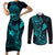 Hawaii Couples Matching Short Sleeve Bodycon Dress and Long Sleeve Button Shirts Fish Hook Tattoo Mix Polynesian Plumeria Turquoise Version LT14 Turquoise - Polynesian Pride