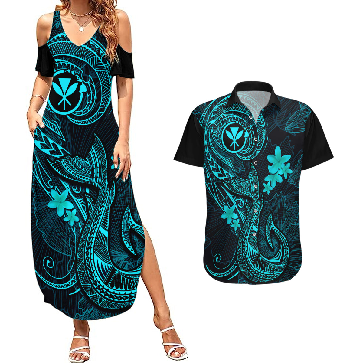 Hawaii Couples Matching Summer Maxi Dress and Hawaiian Shirt Fish Hook Tattoo Mix Polynesian Plumeria Turquoise Version LT14 Turquoise - Polynesian Pride