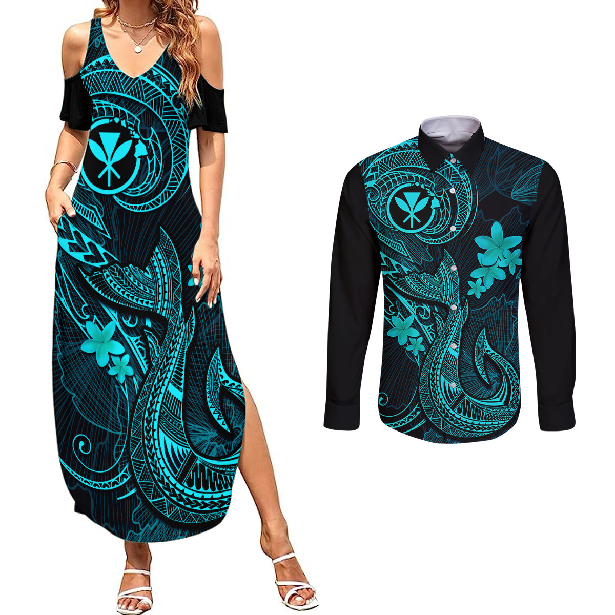 Hawaii Couples Matching Summer Maxi Dress and Long Sleeve Button Shirts Fish Hook Tattoo Mix Polynesian Plumeria Turquoise Version LT14 Turquoise - Polynesian Pride