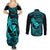 Hawaii Couples Matching Summer Maxi Dress and Long Sleeve Button Shirts Fish Hook Tattoo Mix Polynesian Plumeria Turquoise Version LT14 - Polynesian Pride