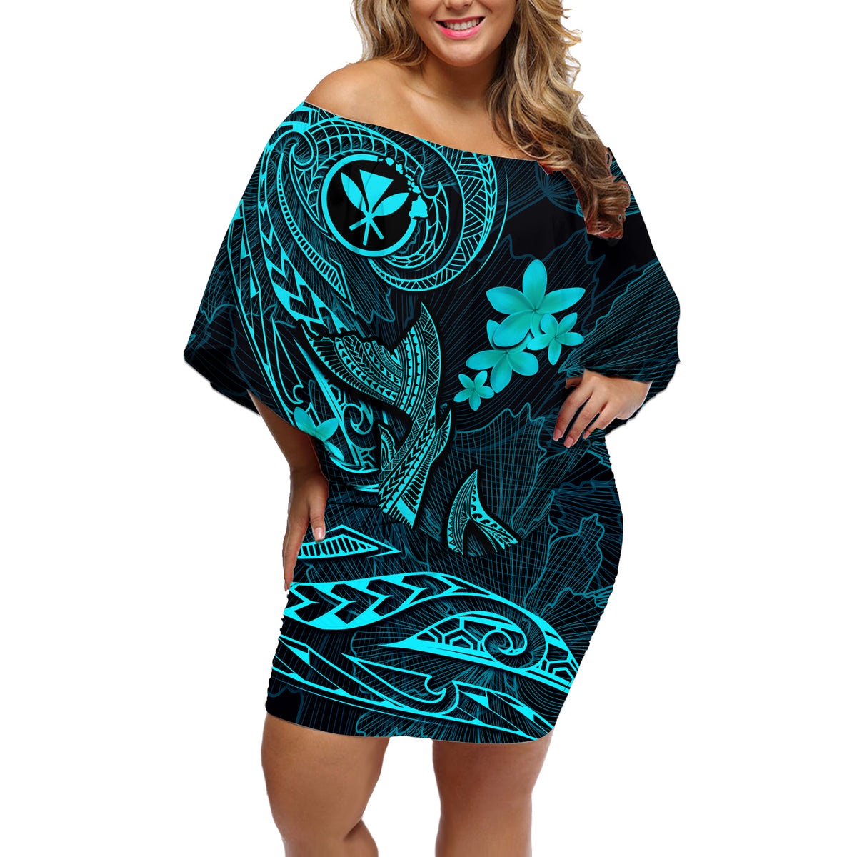 Hawaii Off Shoulder Short Dress Fish Hook Tattoo Mix Polynesian Plumeria Turquoise Version LT14 Women Turquoise - Polynesian Pride