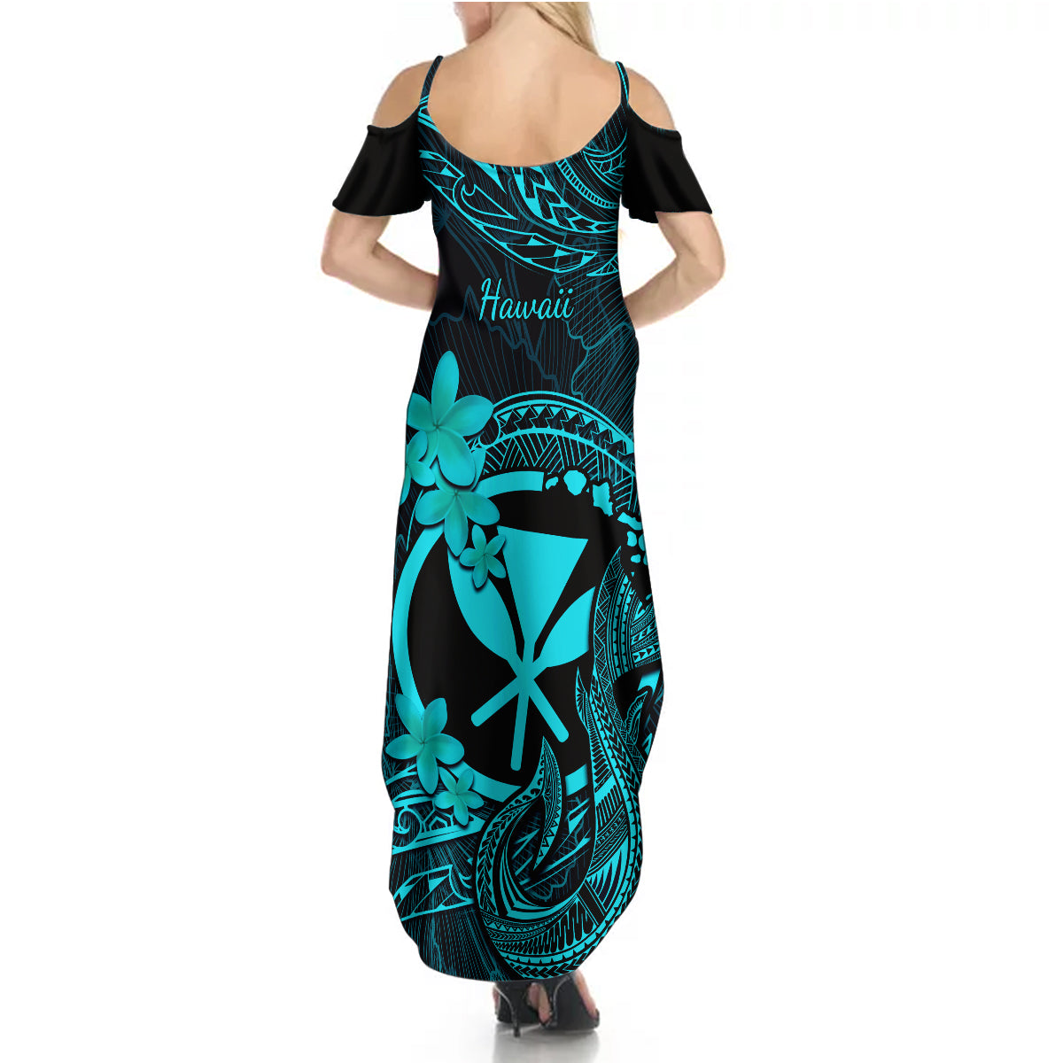 Hawaii Summer Maxi Dress Fish Hook Tattoo Mix Polynesian Plumeria Turquoise Version LT14 - Polynesian Pride
