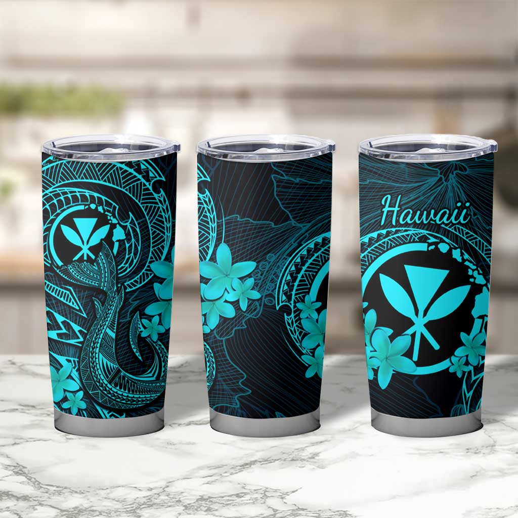 Hawaii Tumbler Cup Fish Hook Tattoo Mix Polynesian Plumeria Turquoise Version