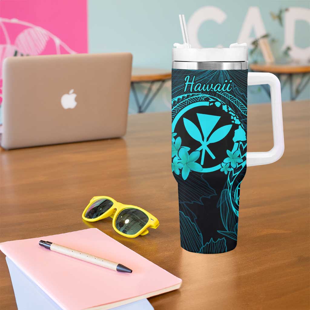 Hawaii Tumbler With Handle Fish Hook Tattoo Mix Polynesian Plumeria Turquoise Version