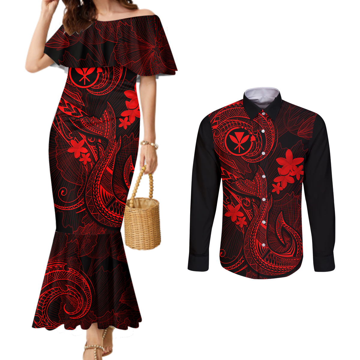 Hawaii Couples Matching Mermaid Dress and Long Sleeve Button Shirts Fish Hook Tattoo Mix Polynesian Plumeria Red Version LT14 Red - Polynesian Pride