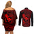 Hawaii Couples Matching Off Shoulder Short Dress and Long Sleeve Button Shirts Fish Hook Tattoo Mix Polynesian Plumeria Red Version LT14 - Polynesian Pride