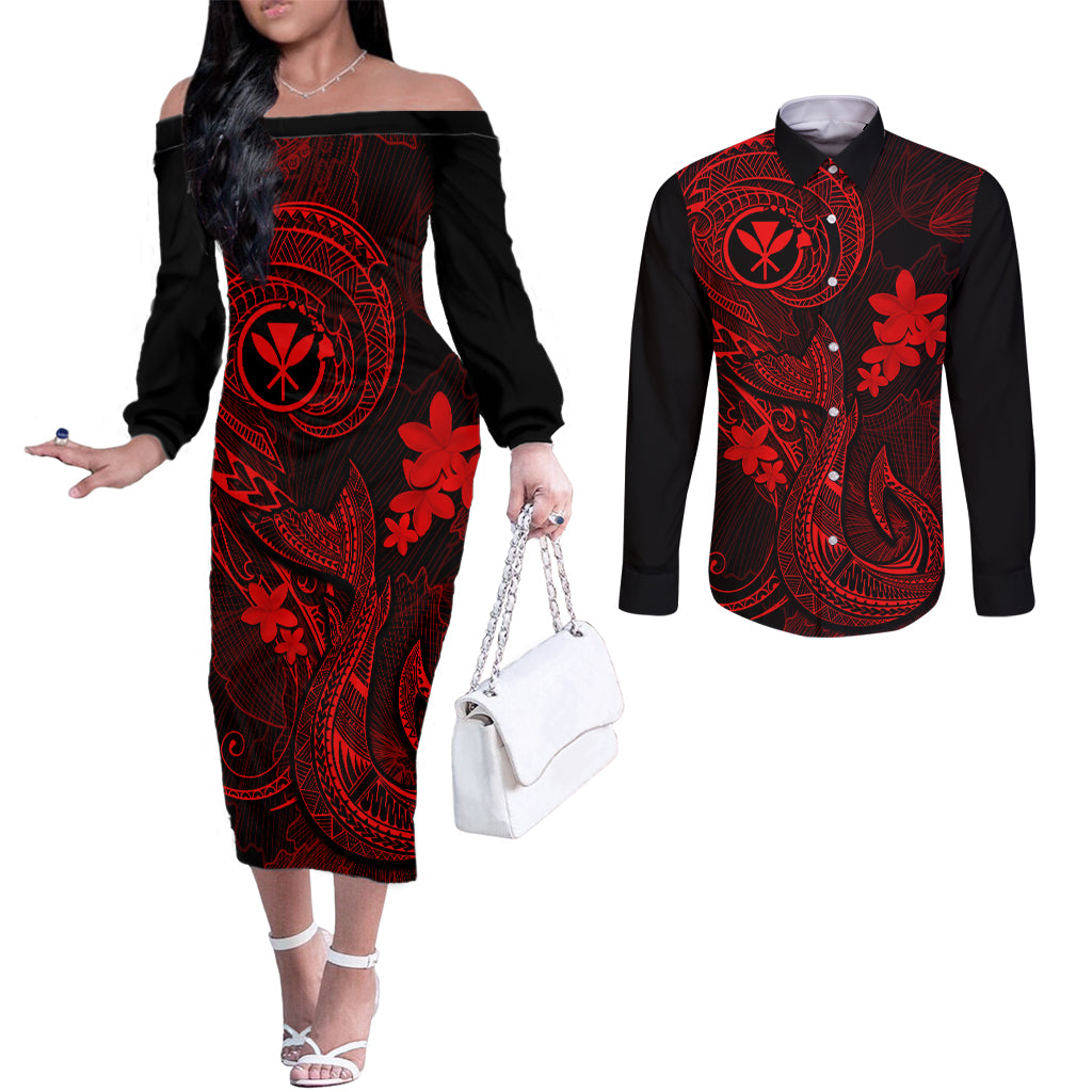Hawaii Couples Matching Off The Shoulder Long Sleeve Dress and Long Sleeve Button Shirts Fish Hook Tattoo Mix Polynesian Plumeria Red Version LT14 Red - Polynesian Pride