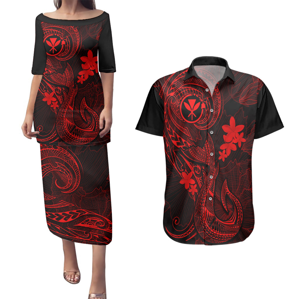 Hawaii Couples Matching Puletasi Dress and Hawaiian Shirt Fish Hook Tattoo Mix Polynesian Plumeria Red Version LT14 Red - Polynesian Pride