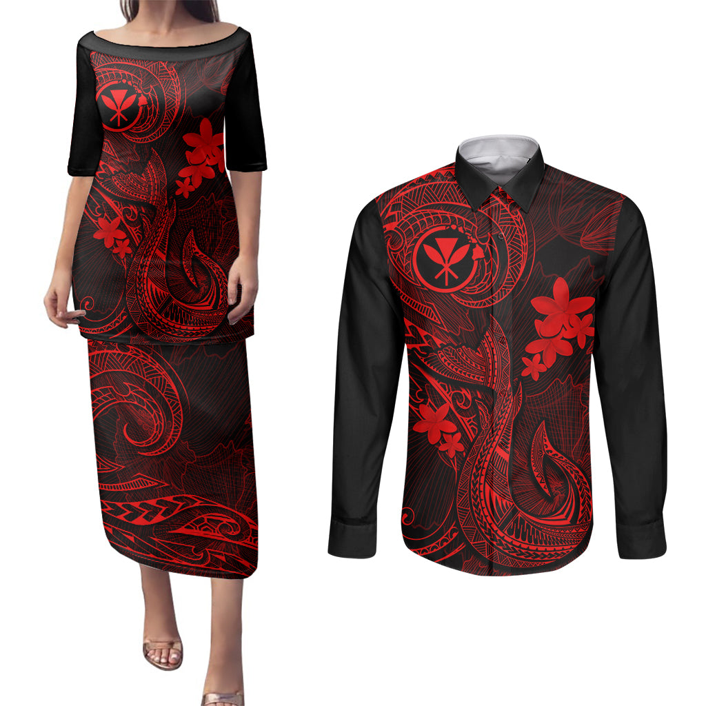Hawaii Couples Matching Puletasi Dress and Long Sleeve Button Shirts Fish Hook Tattoo Mix Polynesian Plumeria Red Version LT14 Red - Polynesian Pride