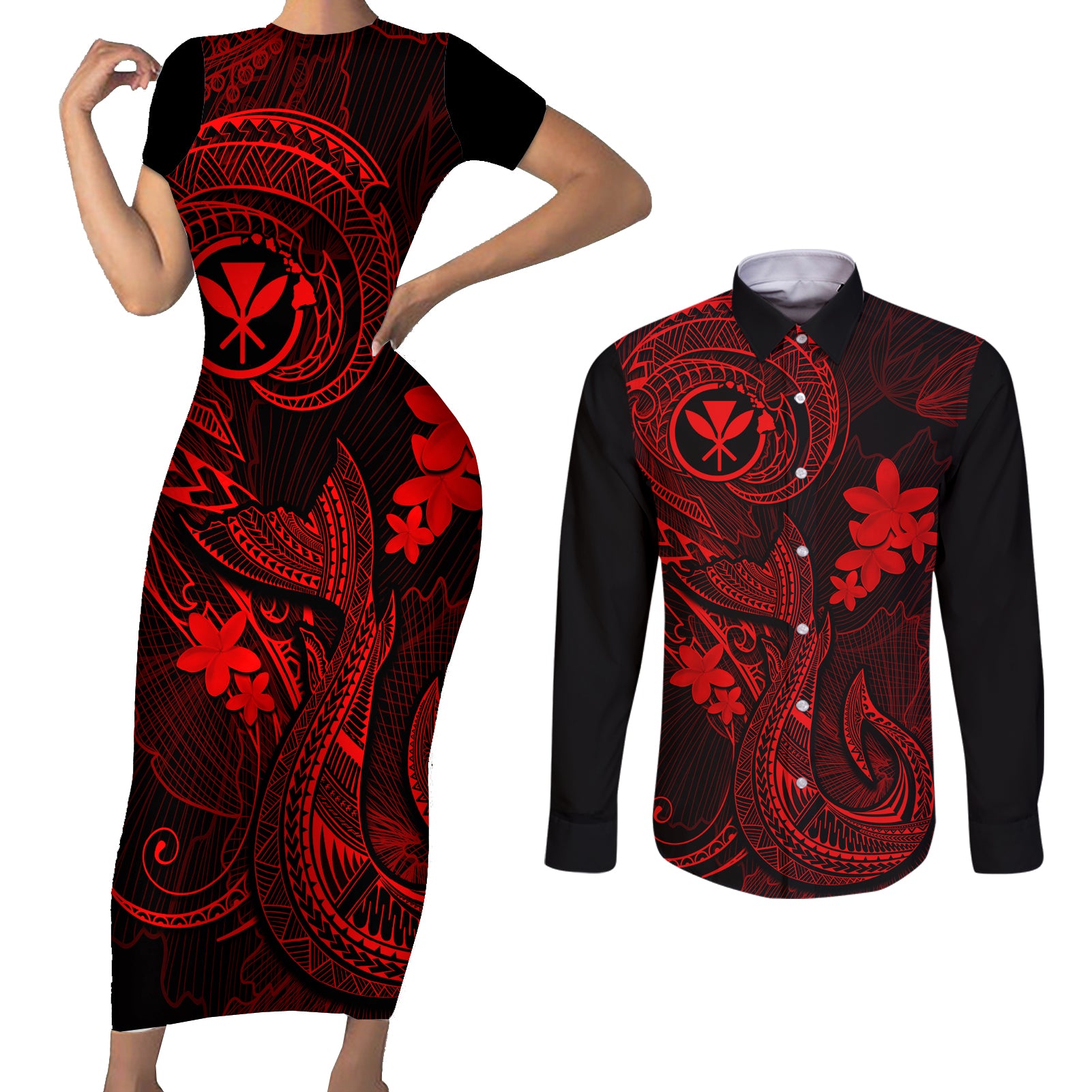 Hawaii Couples Matching Short Sleeve Bodycon Dress and Long Sleeve Button Shirts Fish Hook Tattoo Mix Polynesian Plumeria Red Version LT14 Red - Polynesian Pride