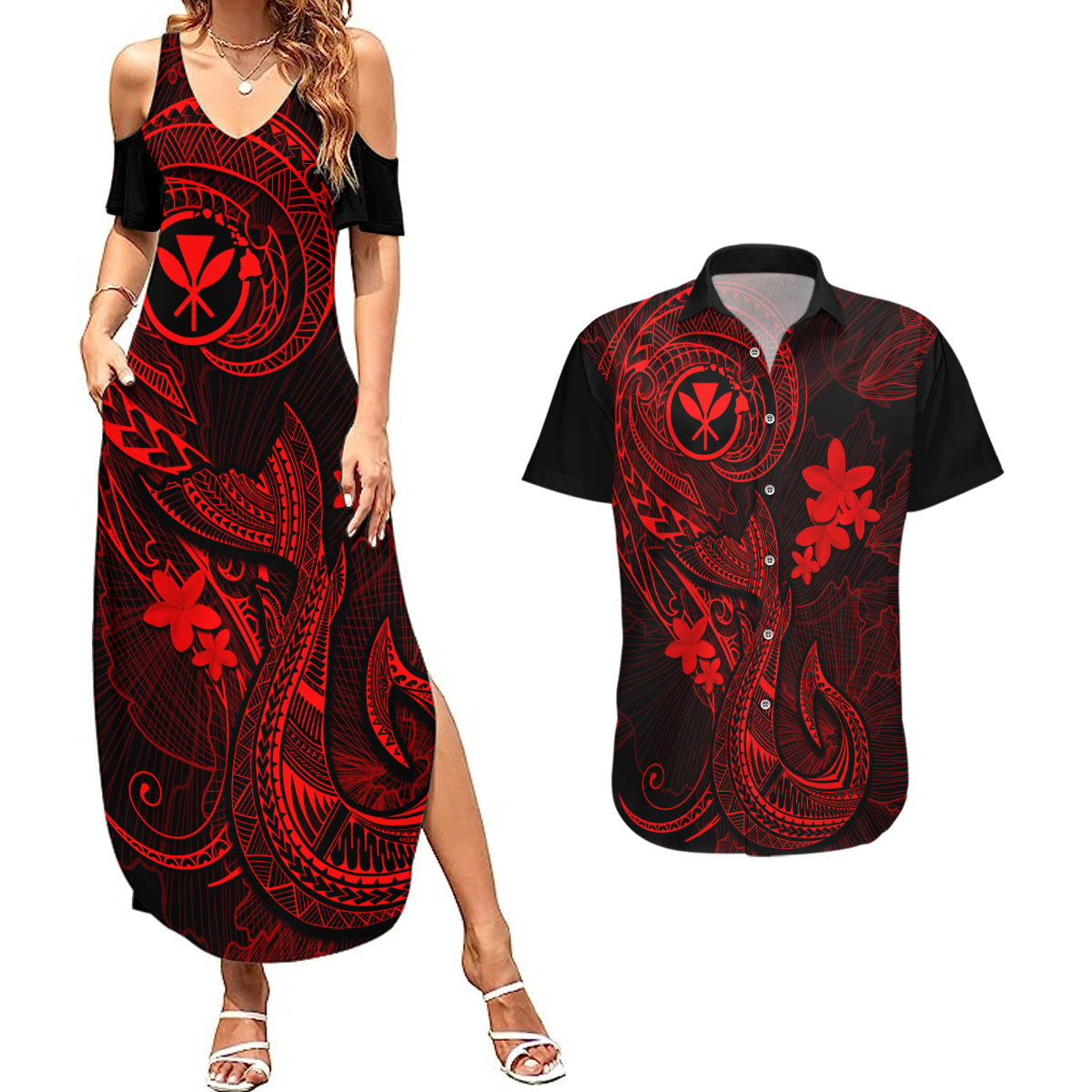 Hawaii Couples Matching Summer Maxi Dress and Hawaiian Shirt Fish Hook Tattoo Mix Polynesian Plumeria Red Version LT14 Red - Polynesian Pride