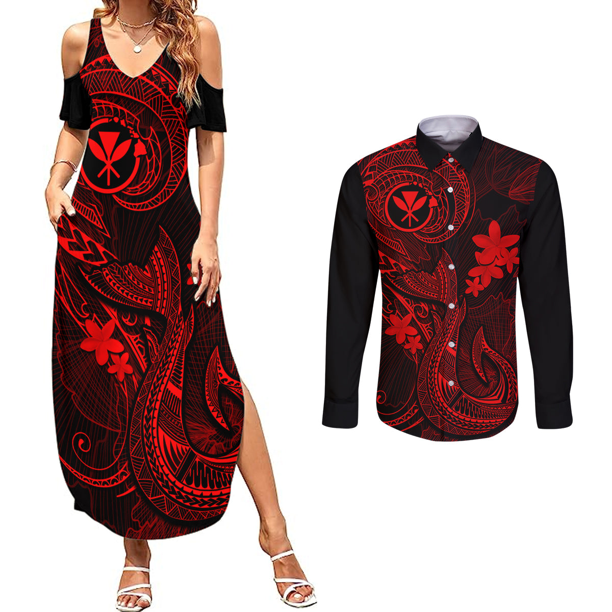 Hawaii Couples Matching Summer Maxi Dress and Long Sleeve Button Shirts Fish Hook Tattoo Mix Polynesian Plumeria Red Version LT14 Red - Polynesian Pride