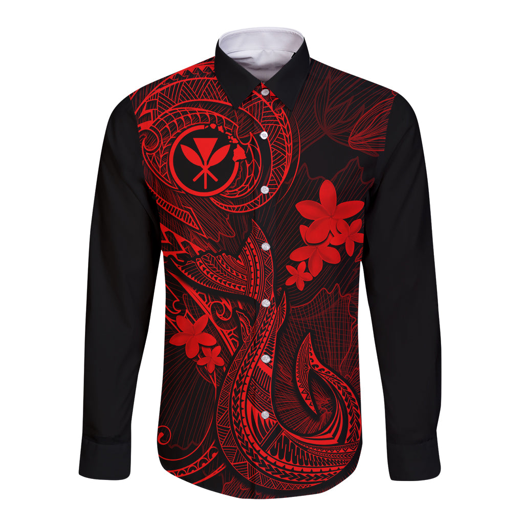Hawaii Long Sleeve Button Shirt Fish Hook Tattoo Mix Polynesian Plumeria Red Version LT14 Unisex Red - Polynesian Pride