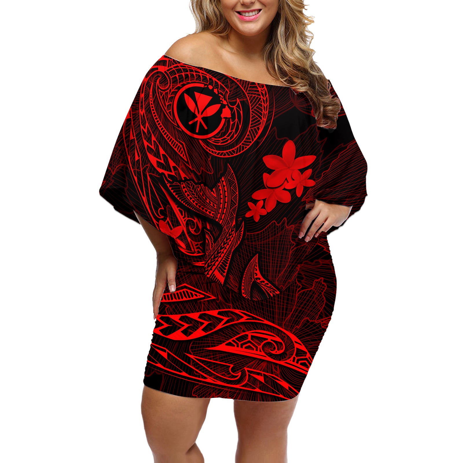 Hawaii Off Shoulder Short Dress Fish Hook Tattoo Mix Polynesian Plumeria Red Version LT14 Women Red - Polynesian Pride