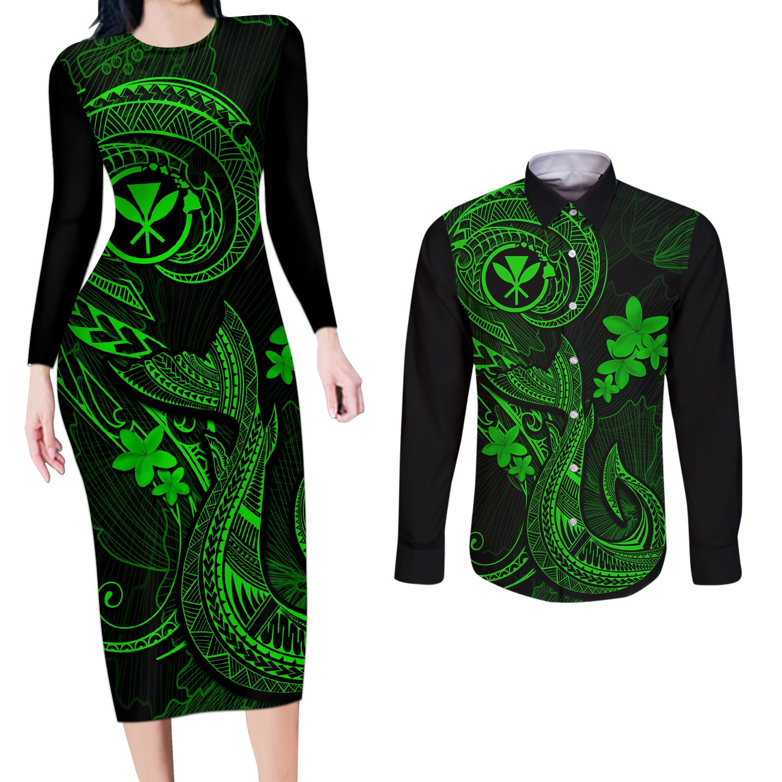 Hawaii Couples Matching Long Sleeve Bodycon Dress and Long Sleeve Button Shirts Fish Hook Tattoo Mix Polynesian Plumeria Green Version LT14 Green - Polynesian Pride