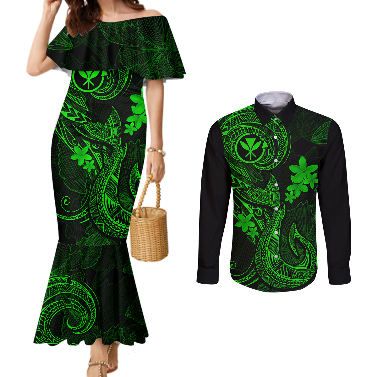 Hawaii Couples Matching Mermaid Dress and Long Sleeve Button Shirts Fish Hook Tattoo Mix Polynesian Plumeria Green Version LT14 Green - Polynesian Pride