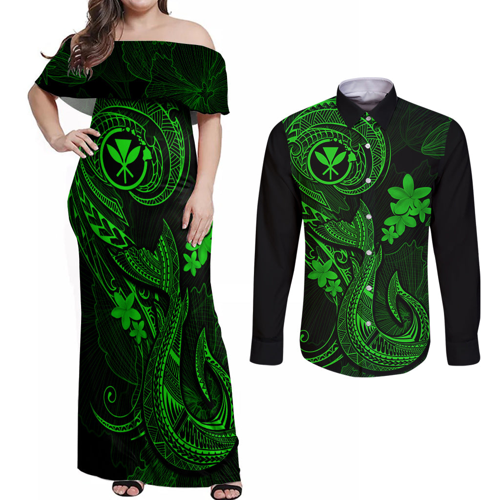Hawaii Couples Matching Off Shoulder Maxi Dress and Long Sleeve Button Shirts Fish Hook Tattoo Mix Polynesian Plumeria Green Version LT14 Green - Polynesian Pride