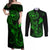 Hawaii Couples Matching Off Shoulder Maxi Dress and Long Sleeve Button Shirts Fish Hook Tattoo Mix Polynesian Plumeria Green Version LT14 Green - Polynesian Pride