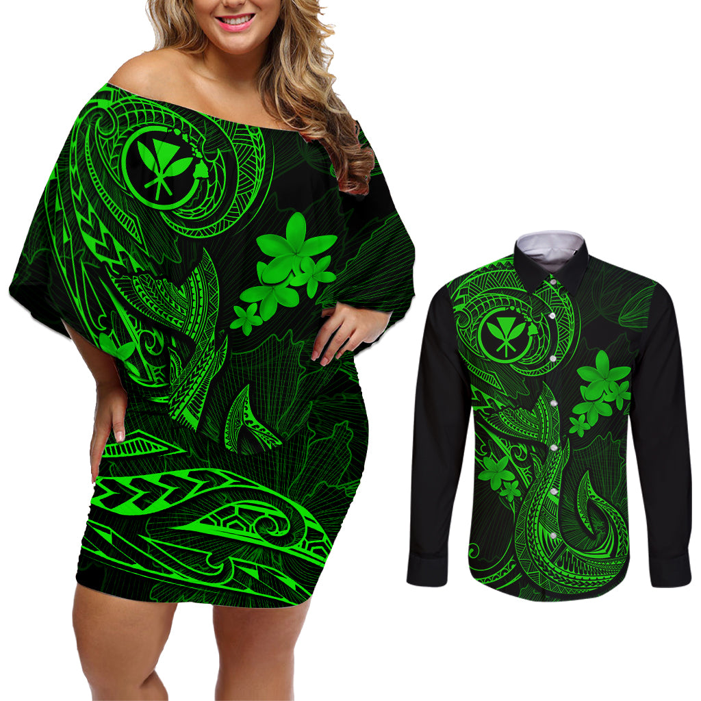 Hawaii Couples Matching Off Shoulder Short Dress and Long Sleeve Button Shirts Fish Hook Tattoo Mix Polynesian Plumeria Green Version LT14 Green - Polynesian Pride