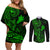 Hawaii Couples Matching Off Shoulder Short Dress and Long Sleeve Button Shirts Fish Hook Tattoo Mix Polynesian Plumeria Green Version LT14 Green - Polynesian Pride