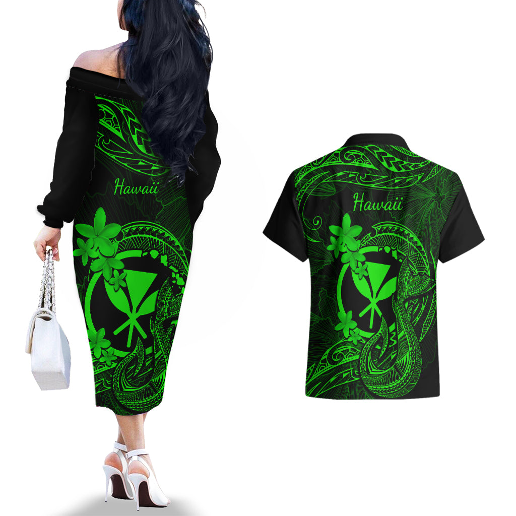 Hawaii Couples Matching Off The Shoulder Long Sleeve Dress and Hawaiian Shirt Fish Hook Tattoo Mix Polynesian Plumeria Green Version LT14 - Polynesian Pride
