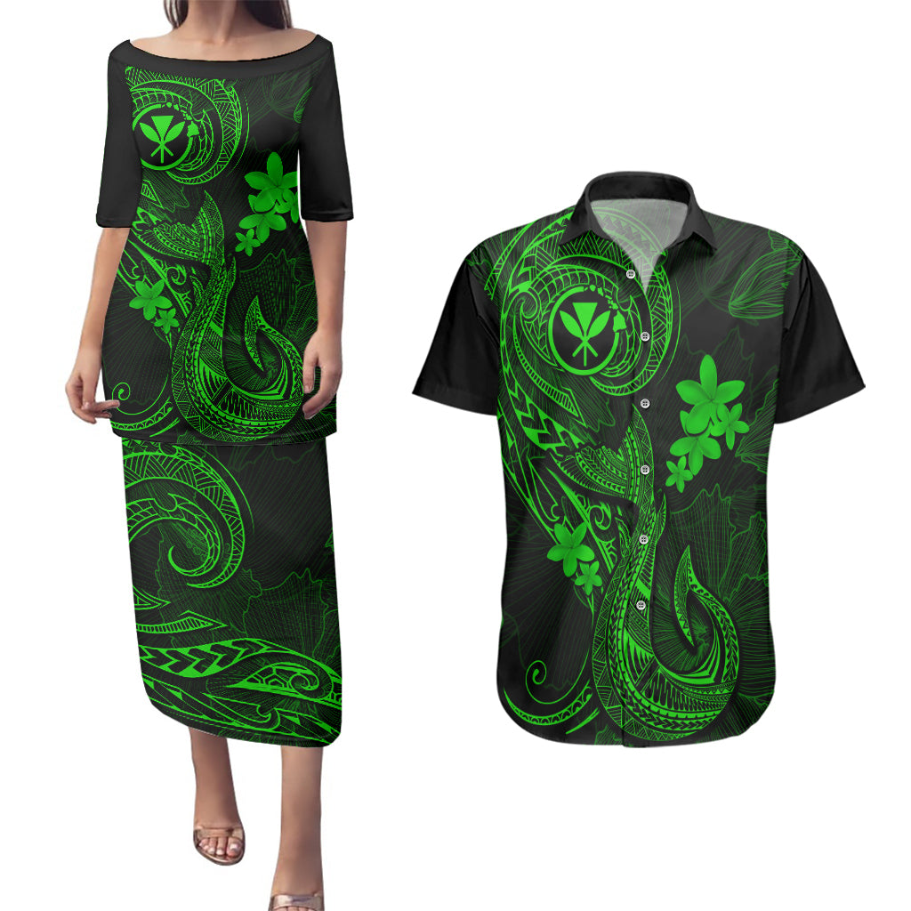 Hawaii Couples Matching Puletasi Dress and Hawaiian Shirt Fish Hook Tattoo Mix Polynesian Plumeria Green Version LT14 Green - Polynesian Pride