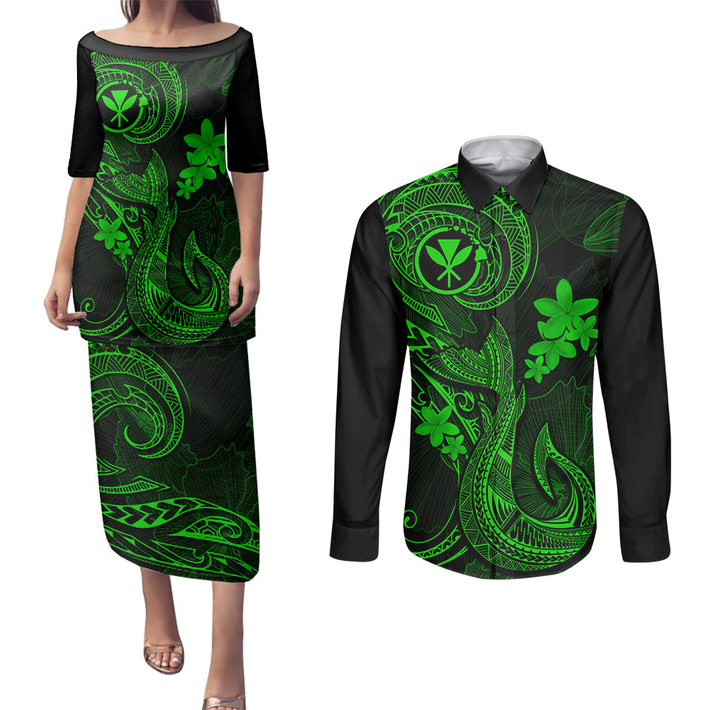 Hawaii Couples Matching Puletasi Dress and Long Sleeve Button Shirts Fish Hook Tattoo Mix Polynesian Plumeria Green Version LT14 Green - Polynesian Pride