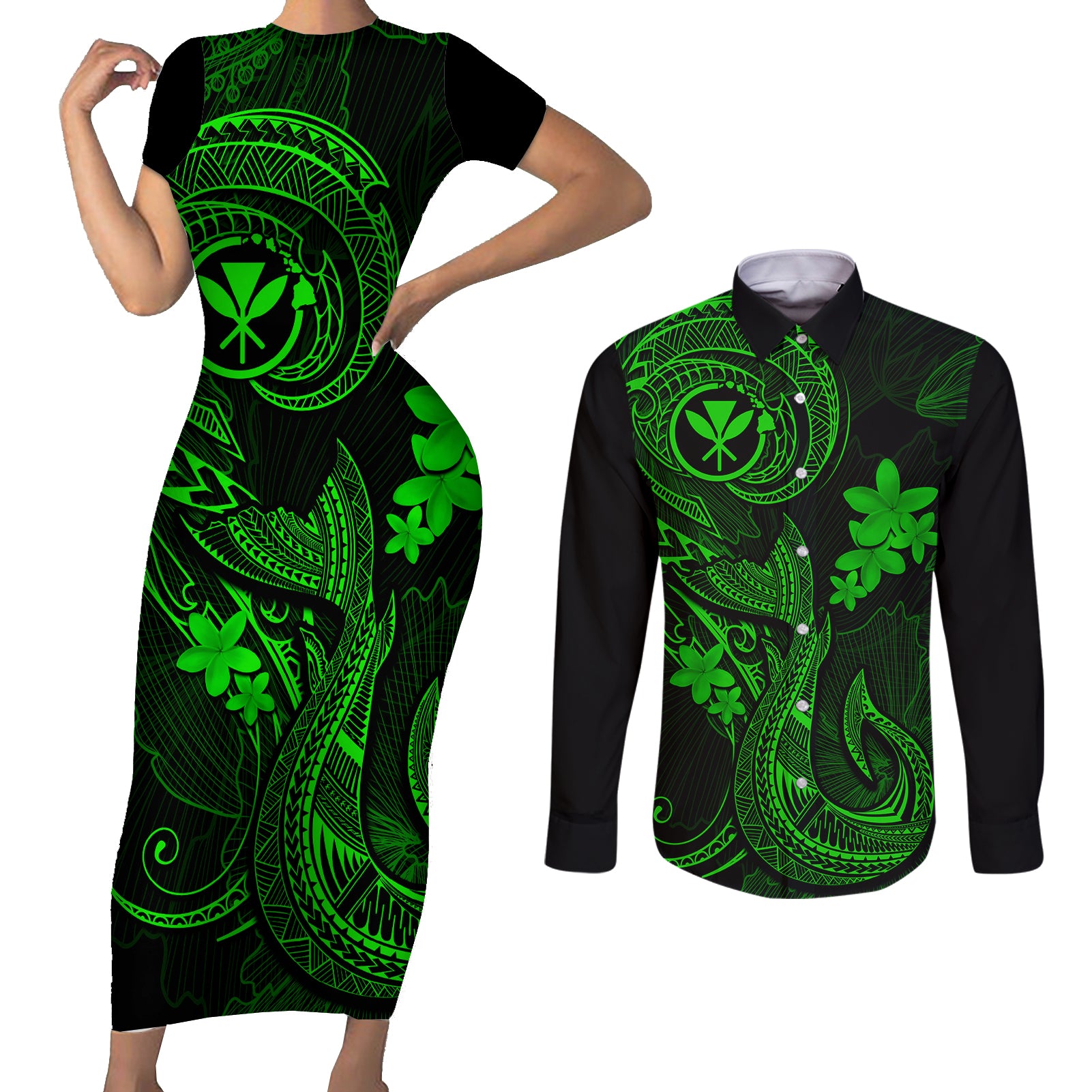 Hawaii Couples Matching Short Sleeve Bodycon Dress and Long Sleeve Button Shirts Fish Hook Tattoo Mix Polynesian Plumeria Green Version LT14 Green - Polynesian Pride