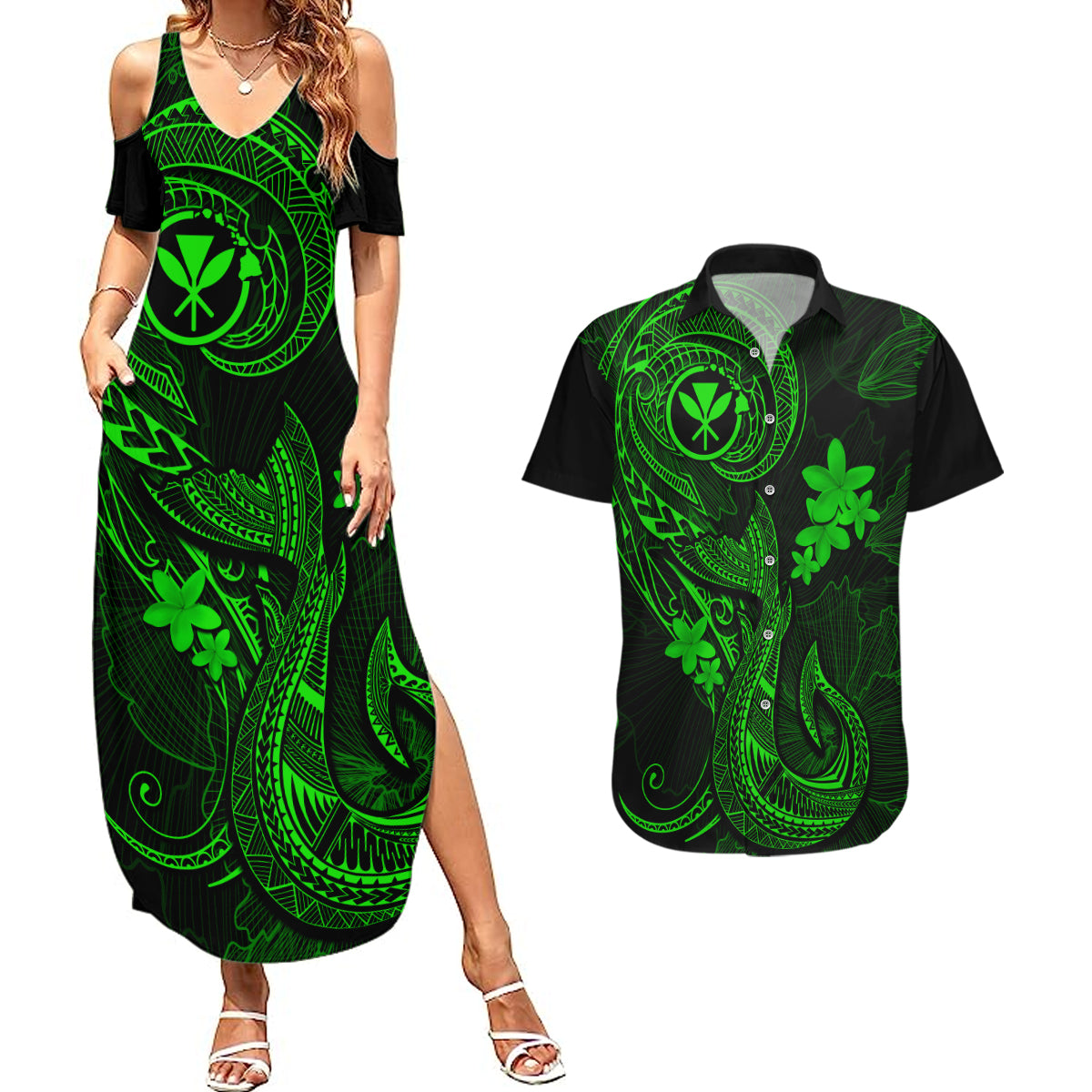 Hawaii Couples Matching Summer Maxi Dress and Hawaiian Shirt Fish Hook Tattoo Mix Polynesian Plumeria Green Version LT14 Green - Polynesian Pride
