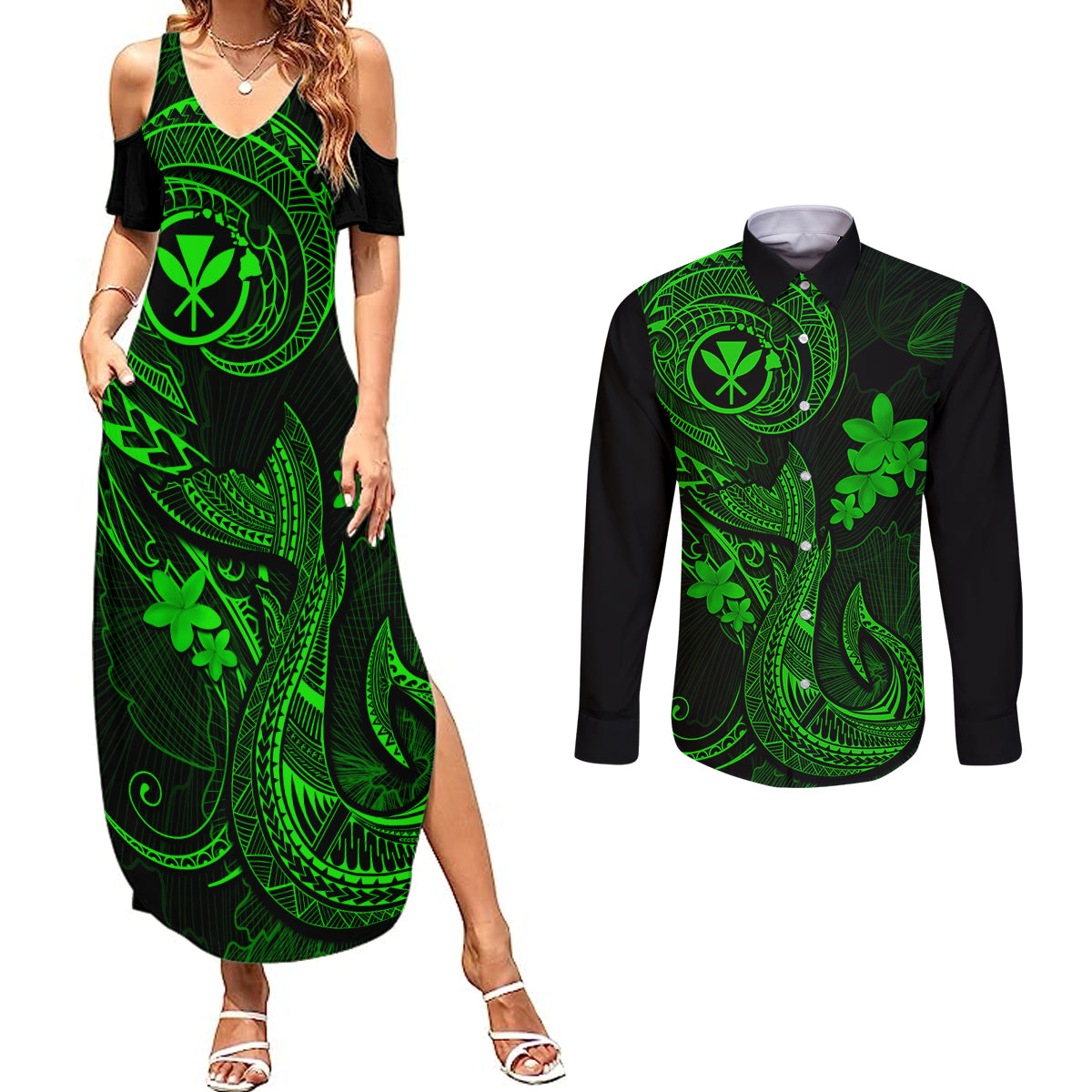 Hawaii Couples Matching Summer Maxi Dress and Long Sleeve Button Shirts Fish Hook Tattoo Mix Polynesian Plumeria Green Version LT14 Green - Polynesian Pride