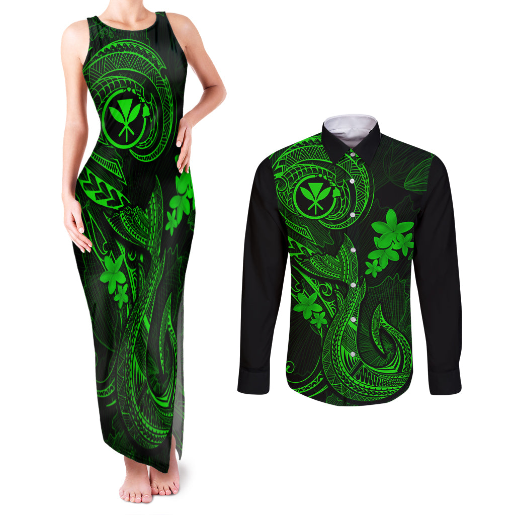 Hawaii Couples Matching Tank Maxi Dress and Long Sleeve Button Shirts Fish Hook Tattoo Mix Polynesian Plumeria Green Version LT14 Green - Polynesian Pride