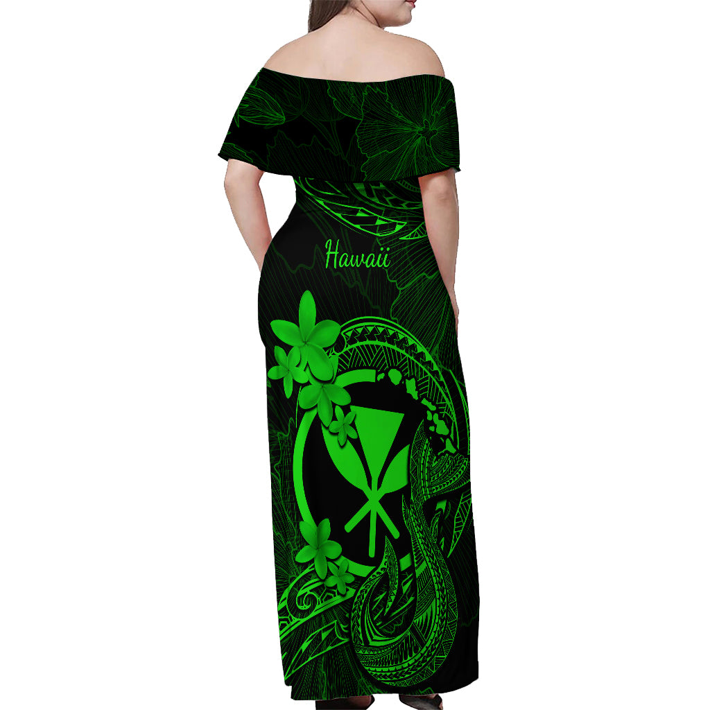 Hawaii Off Shoulder Maxi Dress Fish Hook Tattoo Mix Polynesian Plumeria Green Version LT14 - Polynesian Pride