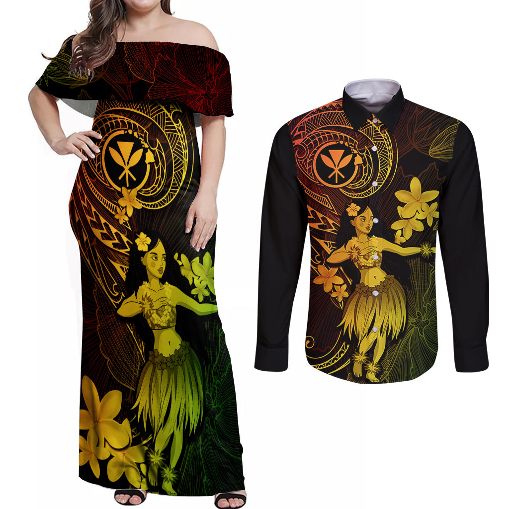 Hawaii Couples Matching Off Shoulder Maxi Dress and Long Sleeve Button Shirts Hula Girl Mix Polynesian Plumeria Reggae Version LT14 Reggae - Polynesian Pride