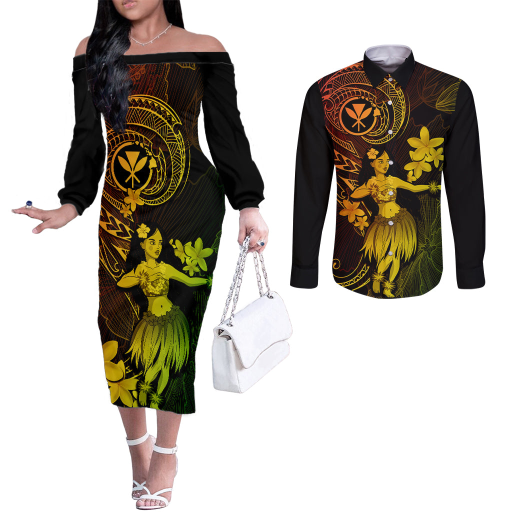 Hawaii Couples Matching Off The Shoulder Long Sleeve Dress and Long Sleeve Button Shirts Hula Girl Mix Polynesian Plumeria Reggae Version LT14 Reggae - Polynesian Pride