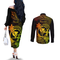 Hawaii Couples Matching Off The Shoulder Long Sleeve Dress and Long Sleeve Button Shirts Hula Girl Mix Polynesian Plumeria Reggae Version LT14 - Polynesian Pride