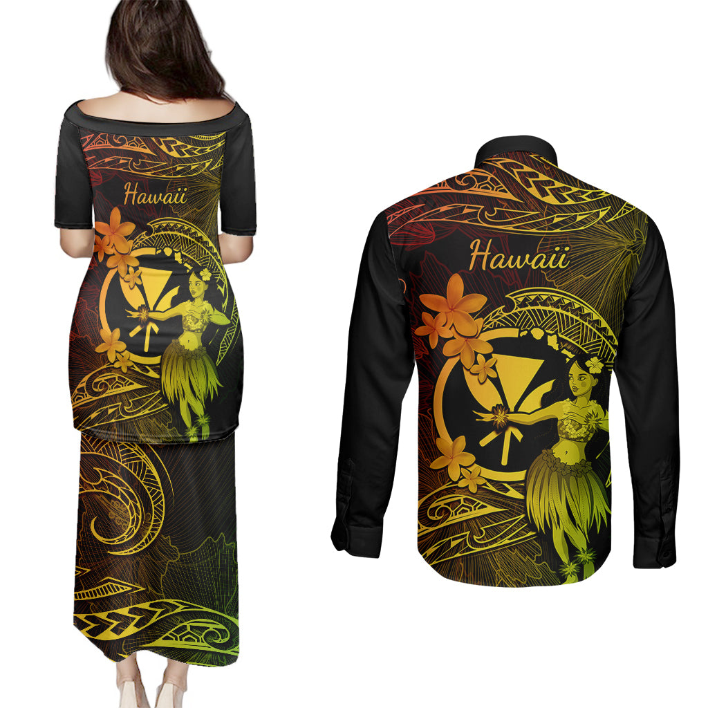 Hawaii Couples Matching Puletasi Dress and Long Sleeve Button Shirts Hula Girl Mix Polynesian Plumeria Reggae Version LT14 - Polynesian Pride