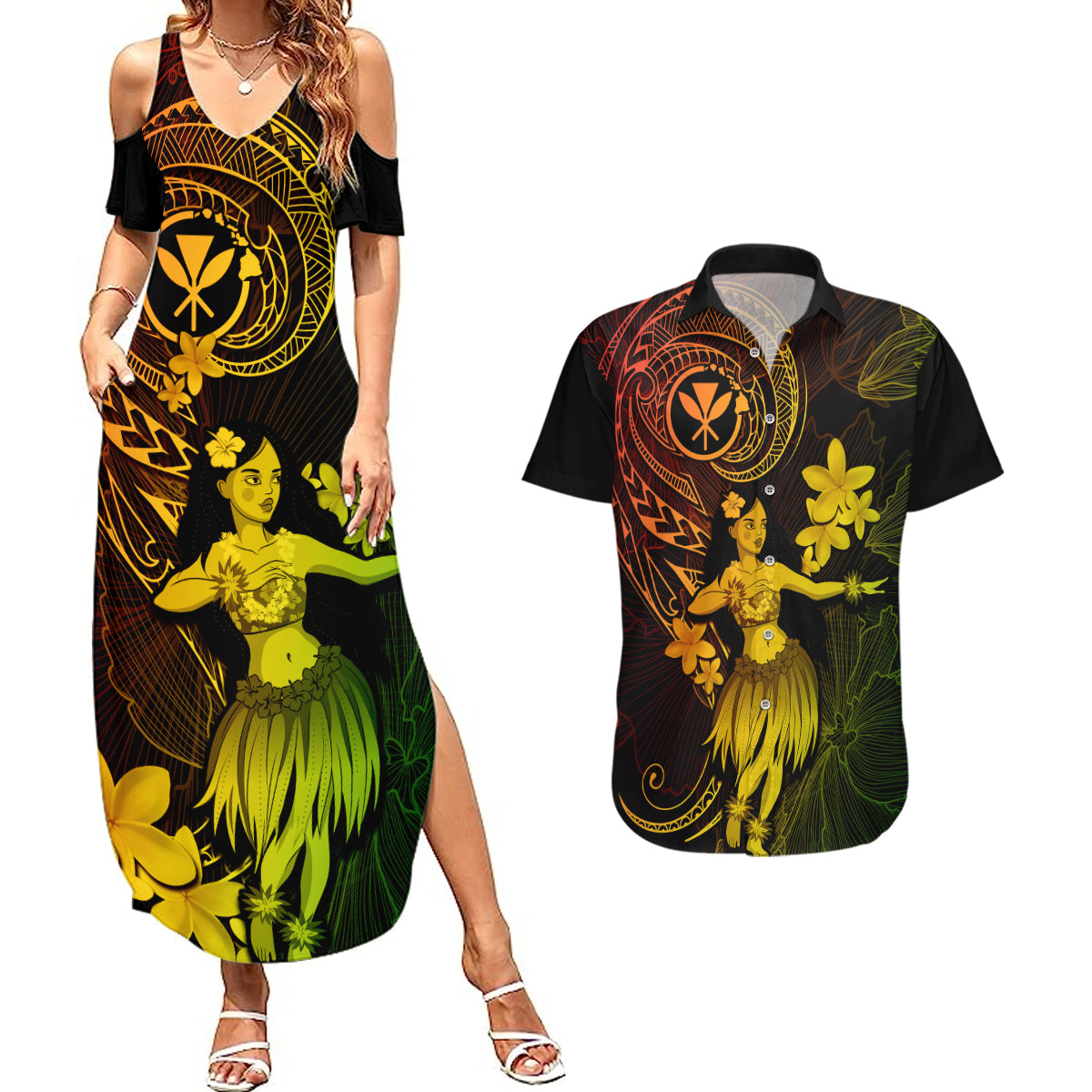 Hawaii Couples Matching Summer Maxi Dress and Hawaiian Shirt Hula Girl Mix Polynesian Plumeria Reggae Version LT14 Reggae - Polynesian Pride