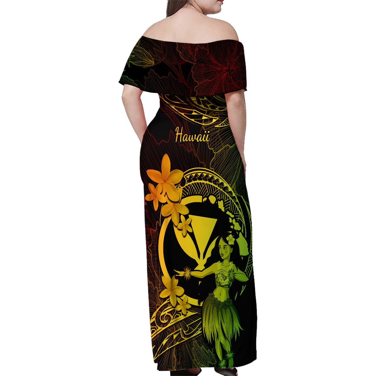 Hawaii Family Matching Off Shoulder Maxi Dress and Hawaiian Shirt Hula Girl Mix Polynesian Plumeria Reggae Version LT14 - Polynesian Pride