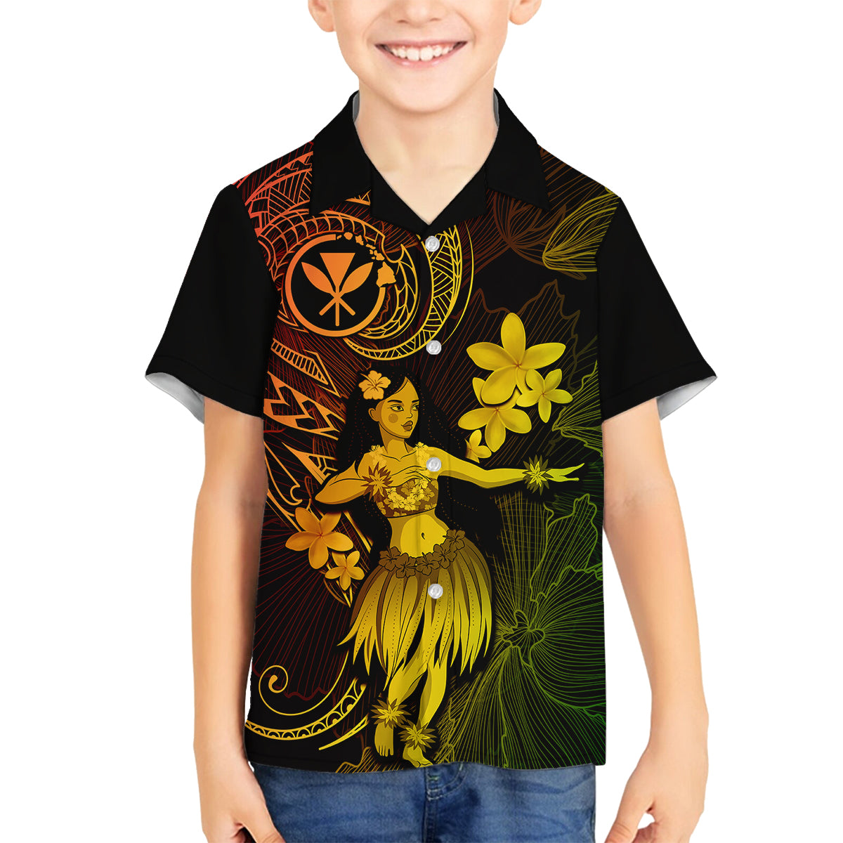Hawaii Kid Hawaiian Shirt Hula Girl Mix Polynesian Plumeria Reggae Version LT14 - Polynesian Pride